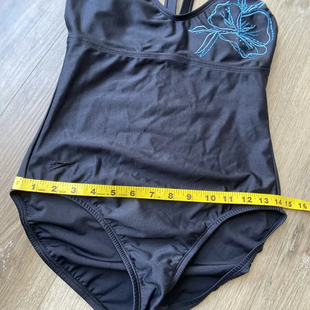 Speedo One Piece Swimsuit Women Sz 8 Black Embroidered Flower Padded Lined